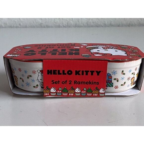 Set Of 2 Hello Kitty Ceramic RAMEKINS Souffle Dish Sleigh Christmas Holiday NEW - Picture 7 of 12